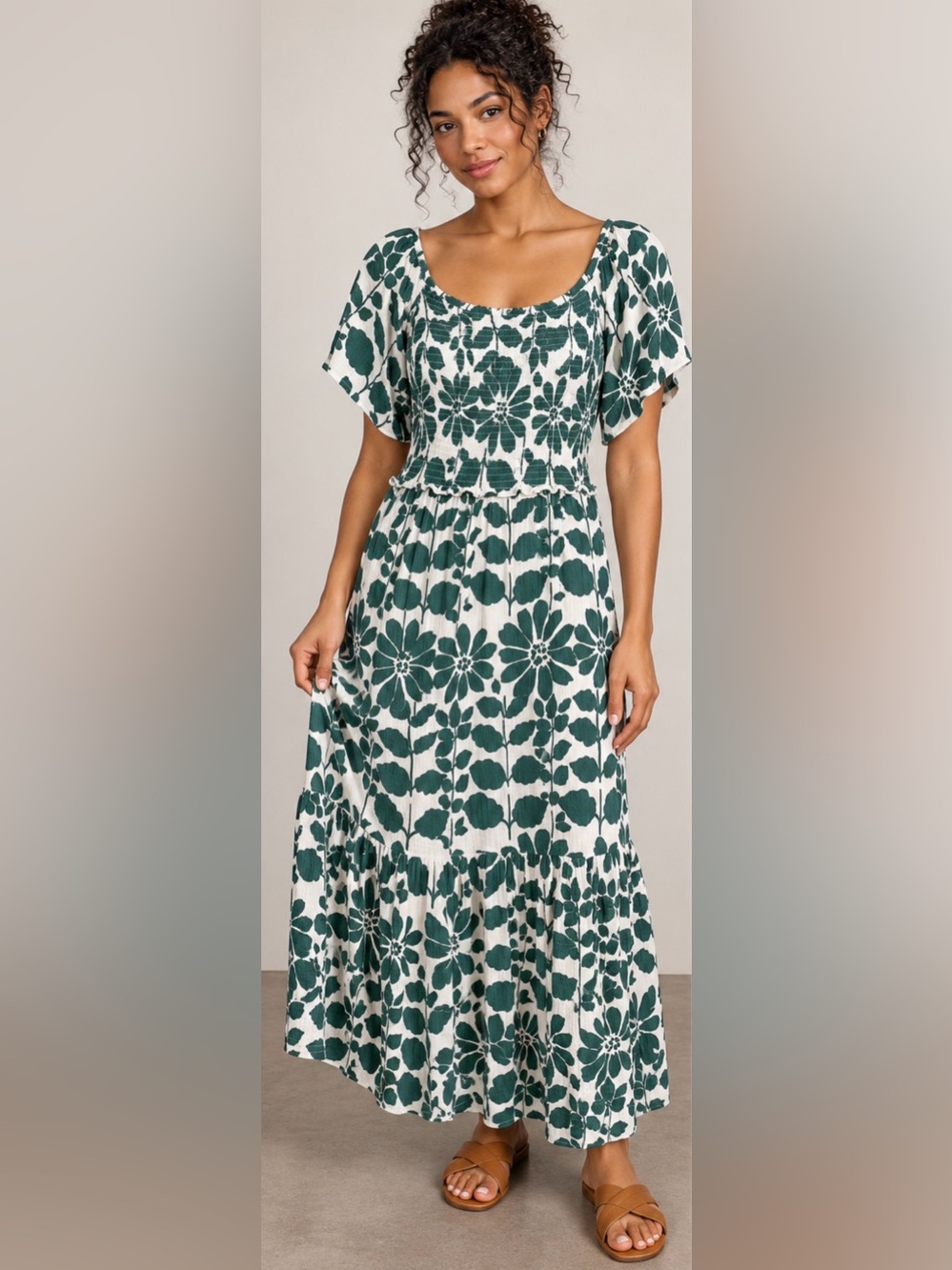 Ellison Green and White Floral Maxi Dress